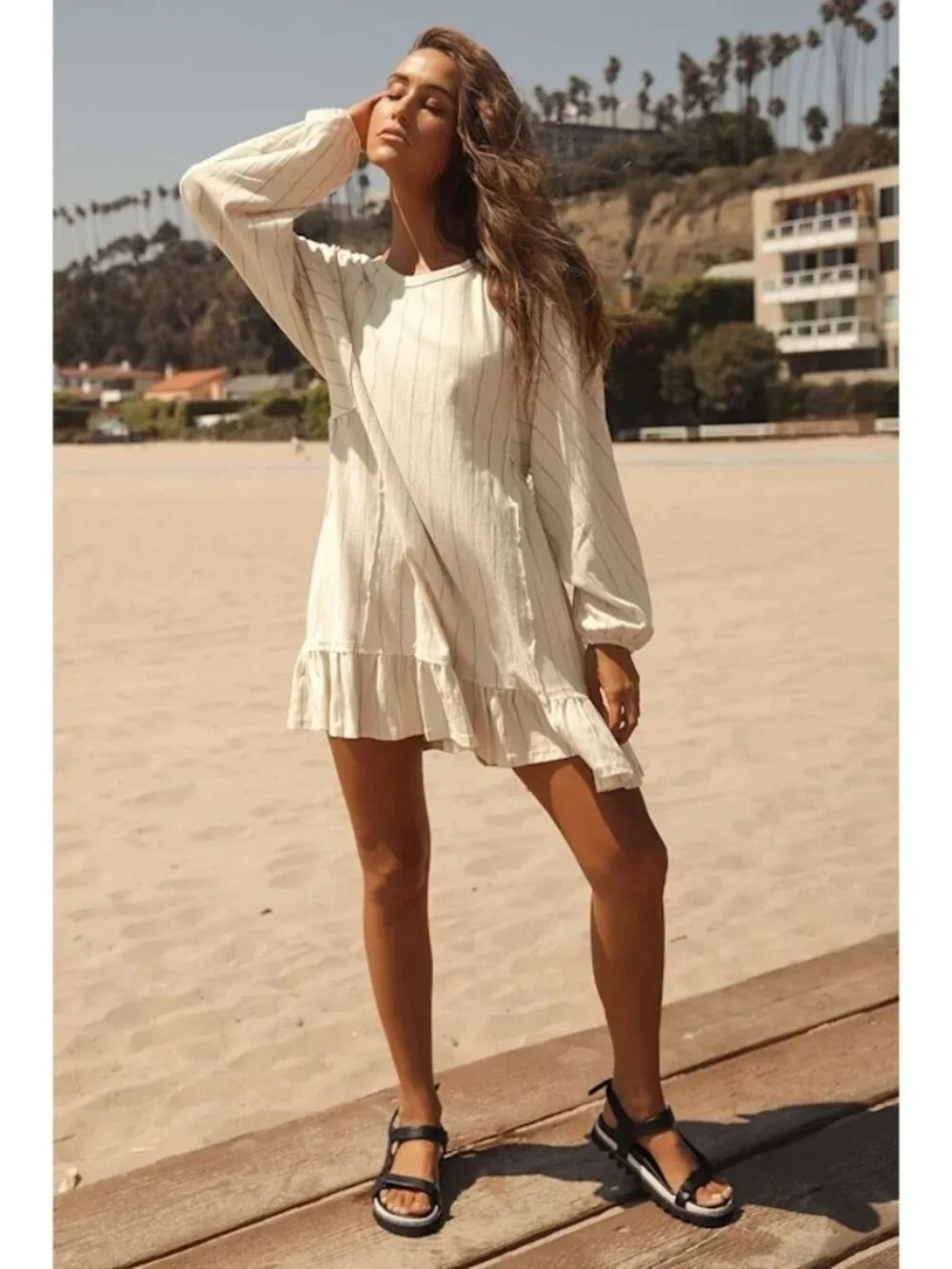 FP Beach April Cream Boho Striped Ruffle Hem Long Sleeve Tunic Mini Dress Sz S - Picture 3 of 10